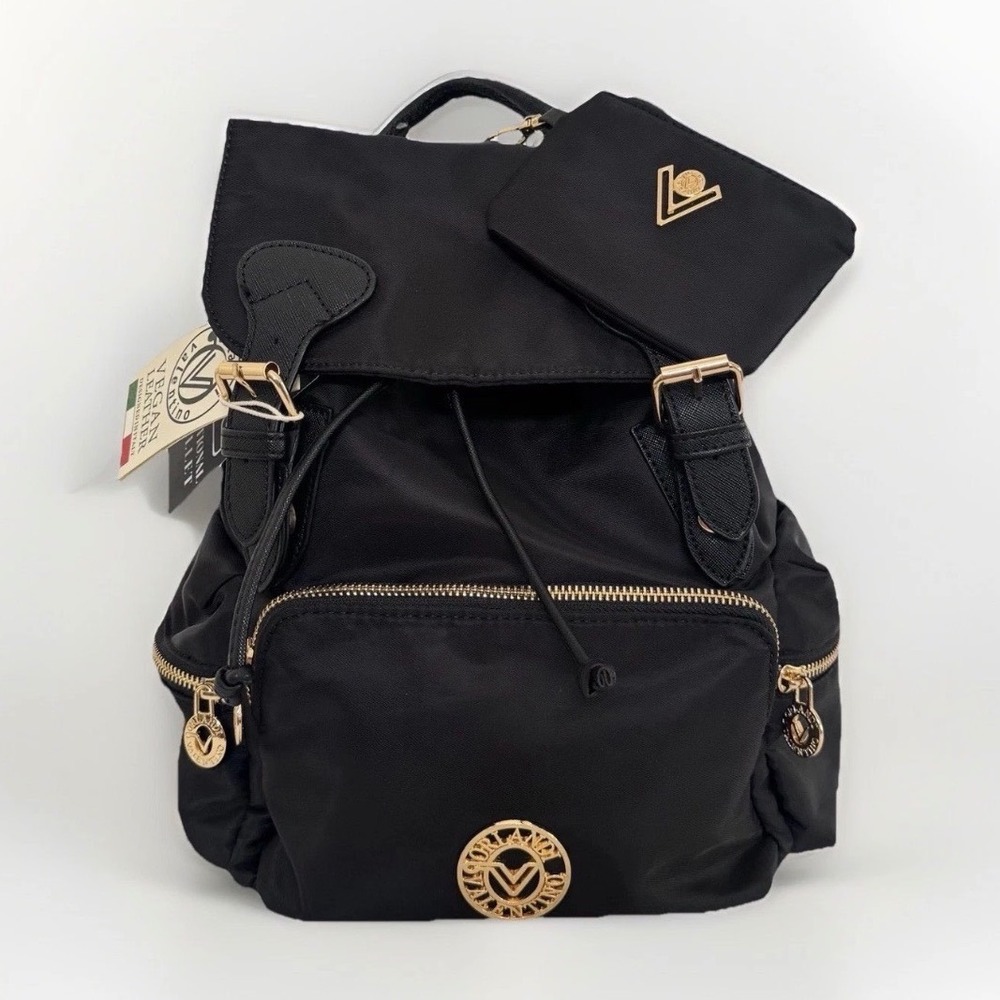 Orlandi Valentino Black‎ Nylon Backpack Gold Hardware Drawstring Flap Bag NWTA